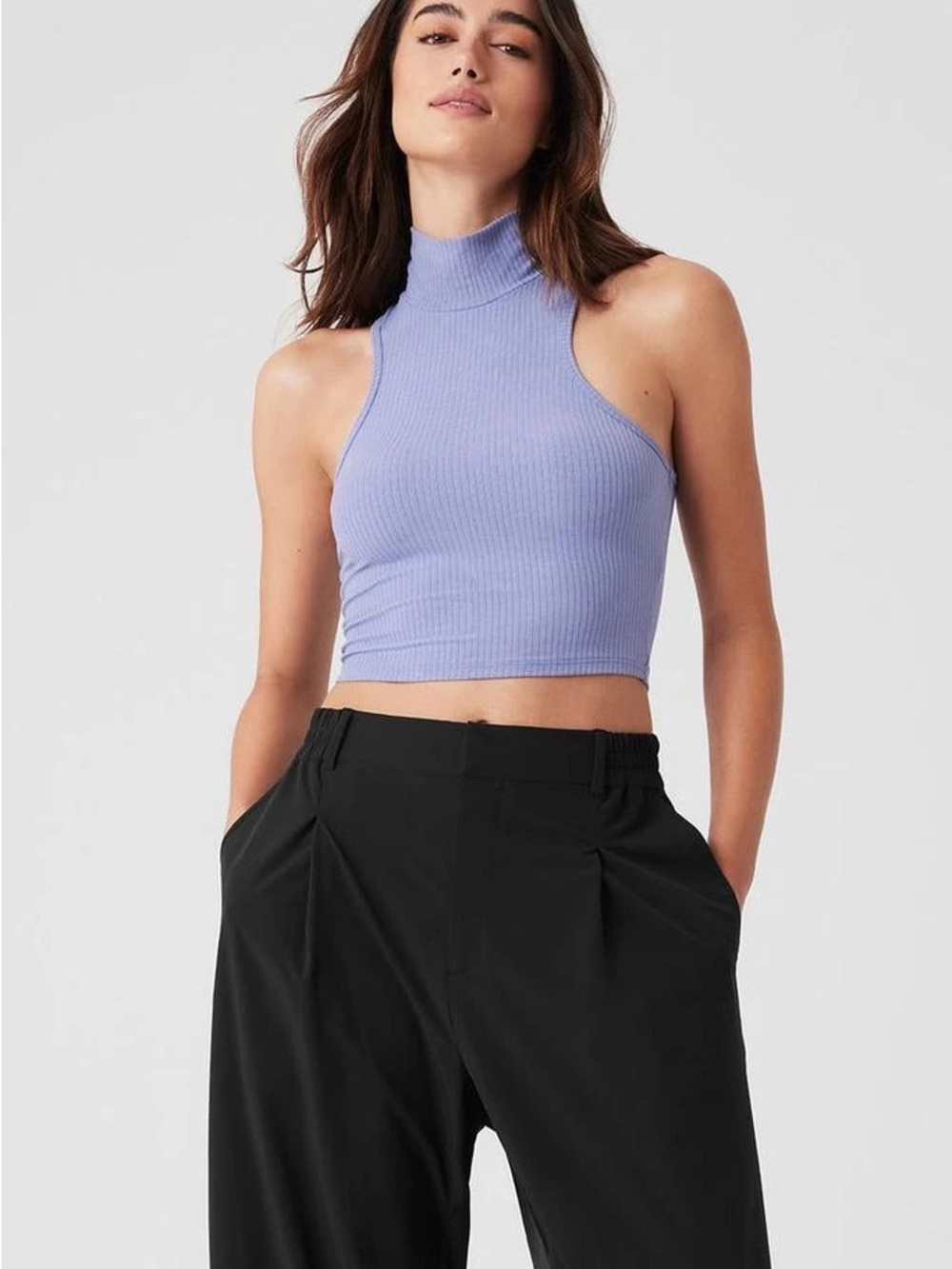 Alo Women’s Ribbed Sea Coast Cropped Turtleneck Tank 
Lilac Blue - Size XS